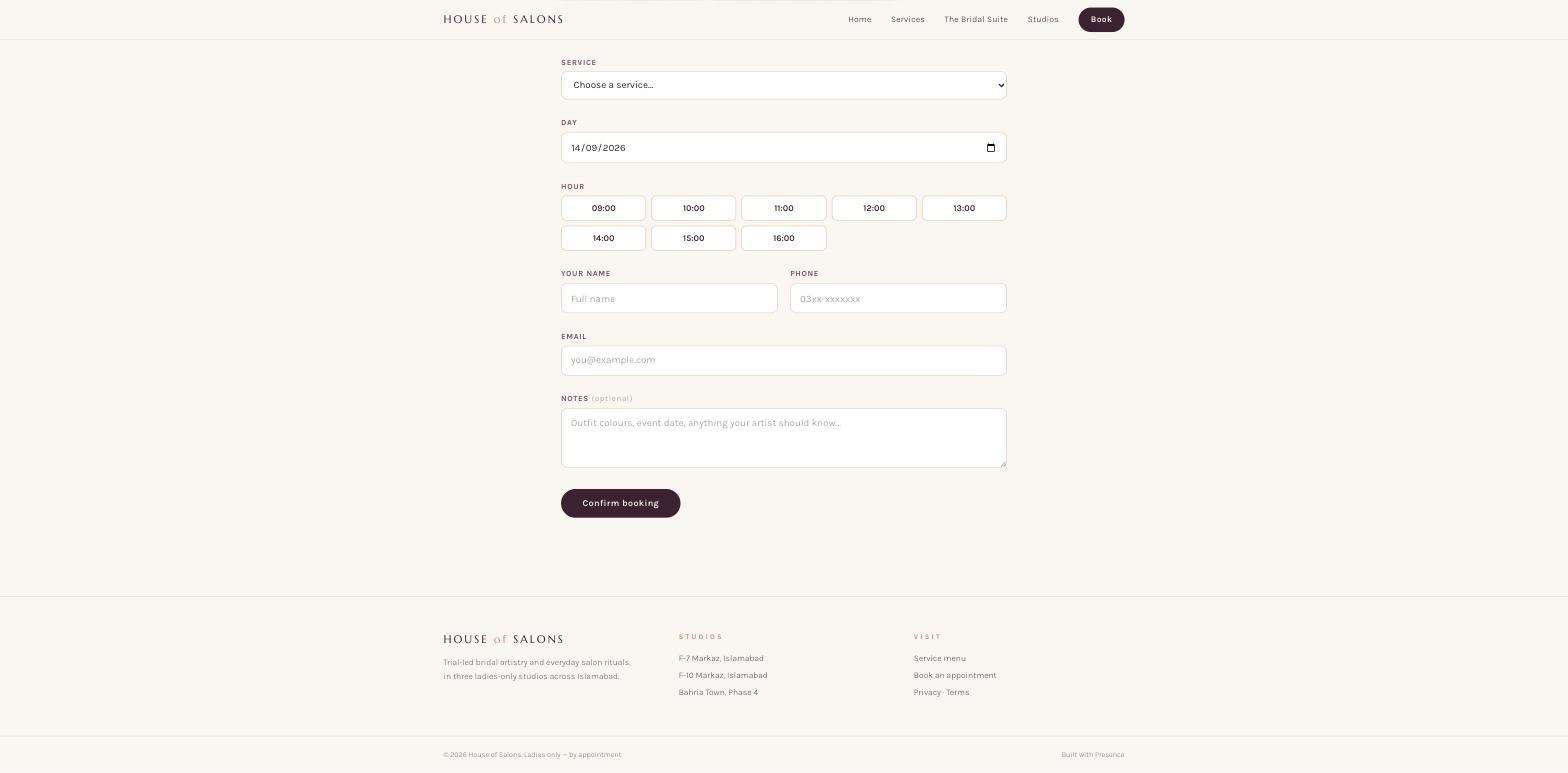 House of Salons live booking form